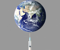 Earth being held up by a syringe